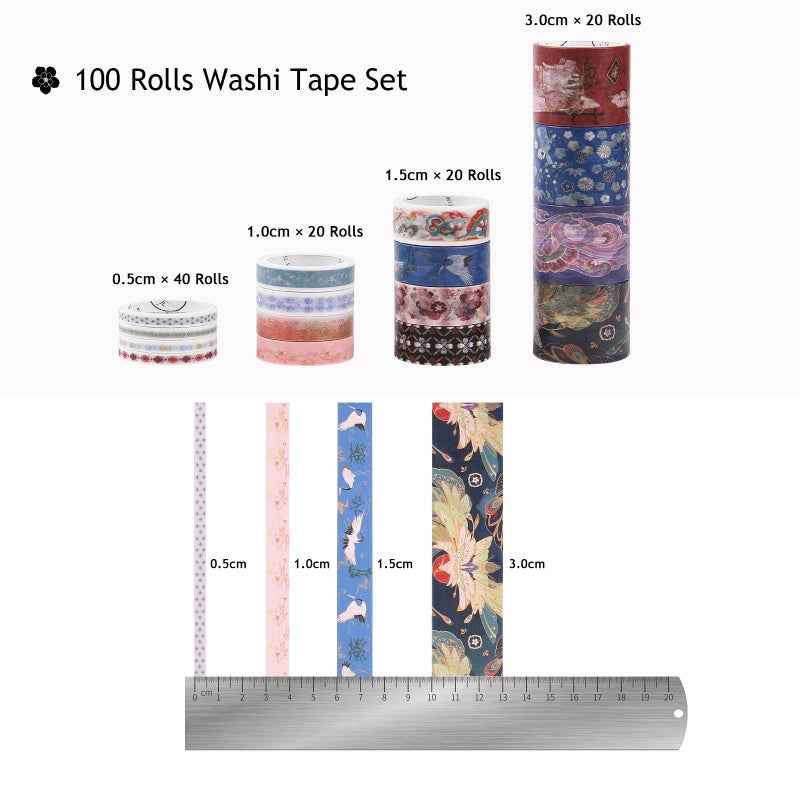 Dizdkizd Washi Tape Set, 100 Rolls Vintage Design Masking Tapes with 4 Sizes 5mm/10mm/15mm/30mm Wide, Colorful Decorative Tapes for DIY, Scrapbooking, Planners, Photo Album, Calendar - Image 2